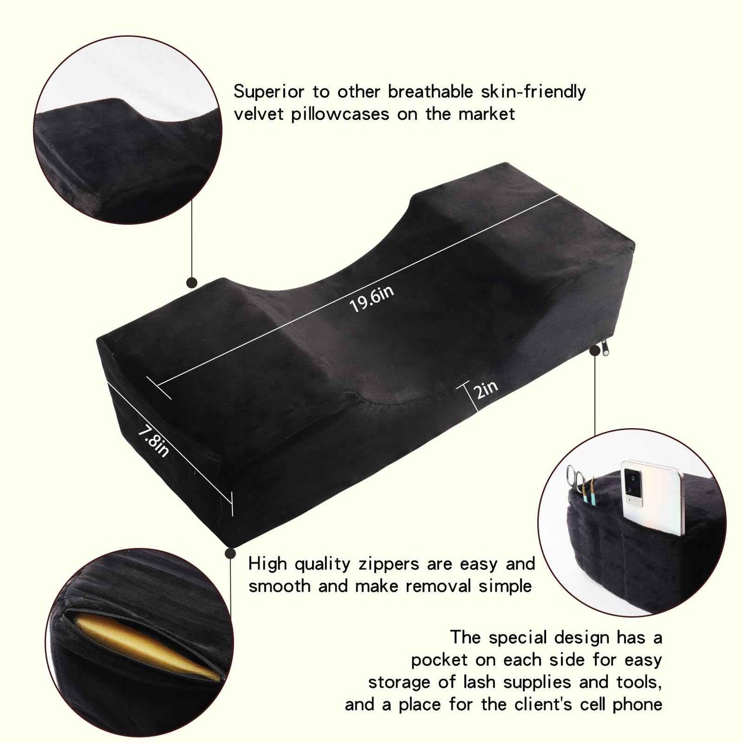 Eyelash Extension Neck Pillow - Beauty Salon Comfortable Velvet Beauty Memory Foam Pillow,Eyelash Pillow Grafted Eyelash Curve Pillow with Makeup Pocket to Protect Neck（2pack Black）