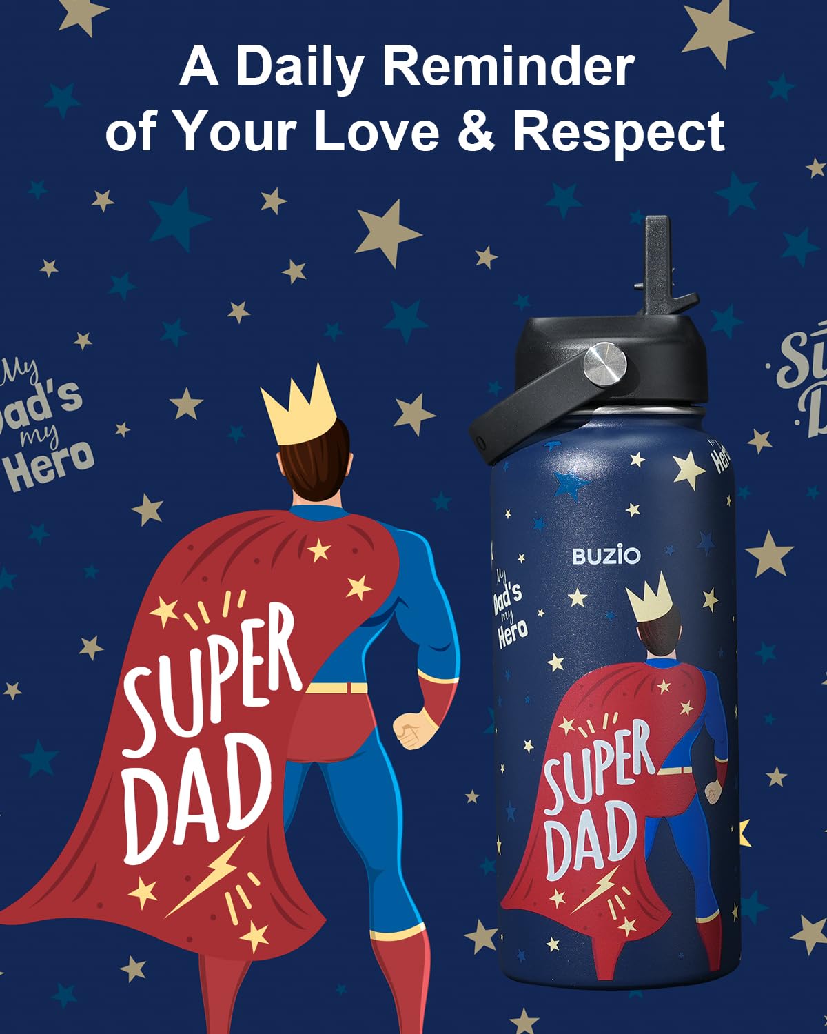 Father's Day Gifts for Dad, Funny Birthday Gift 32oz BUZIO Insulated Water Bottle with Straw Lid Stainless Steel Dad Tumbler from Son, Cold for 48hrs Double Wall Vacuum Thermo Canteen Cup, Hero