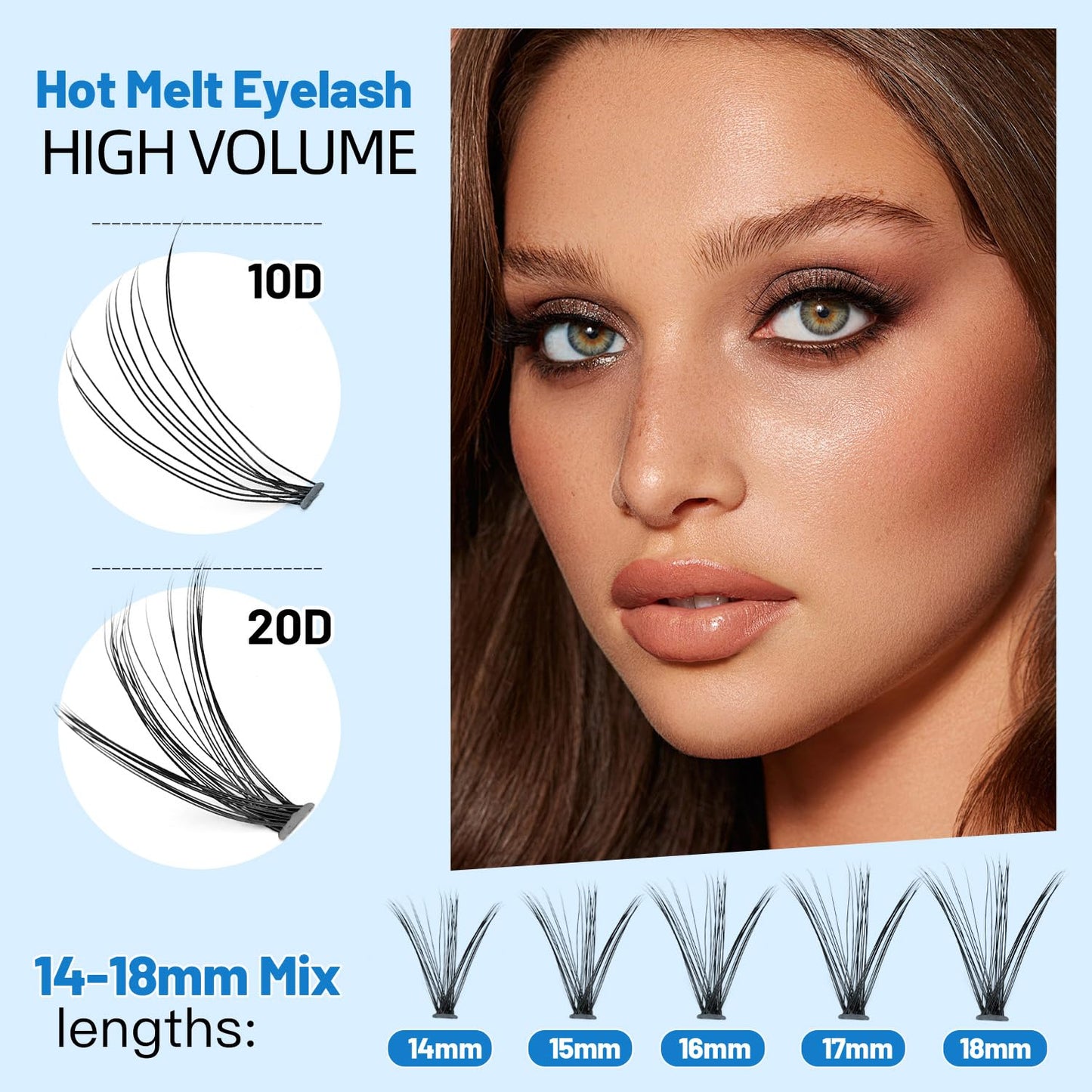 Bodermincer False Eyelash, 240pcs C Curl 10D/20D Cluster, Mixed 14/15/16/17/18mm and Under Eyelashes, Individual, Black, Biodegradable