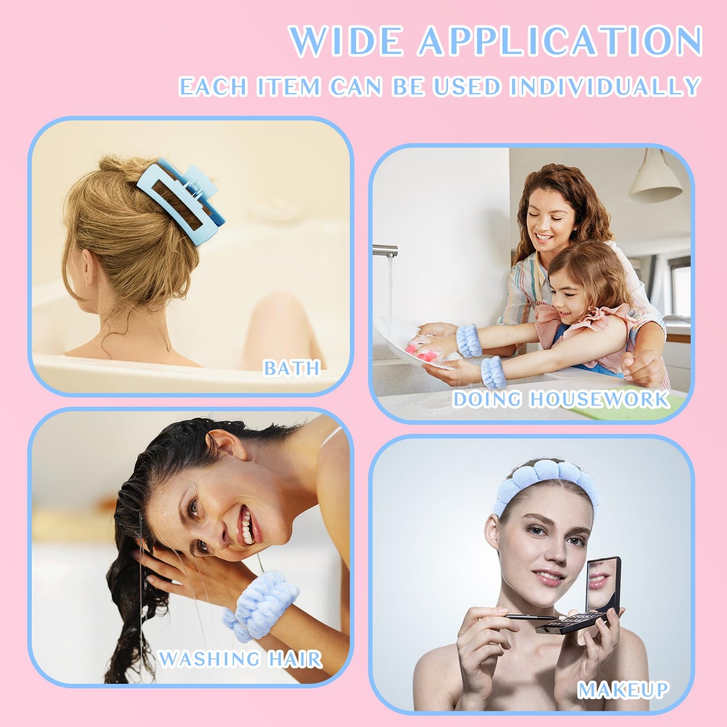 Wecoe Spa Headband And Wristband Set Skincare Headband For Washing Face Hair Claw Clips For Thick Hair Cute Blue Puffy Sponge Makeup Headband Bubble Headband Wrist Towels Scrunchies For Women Girls