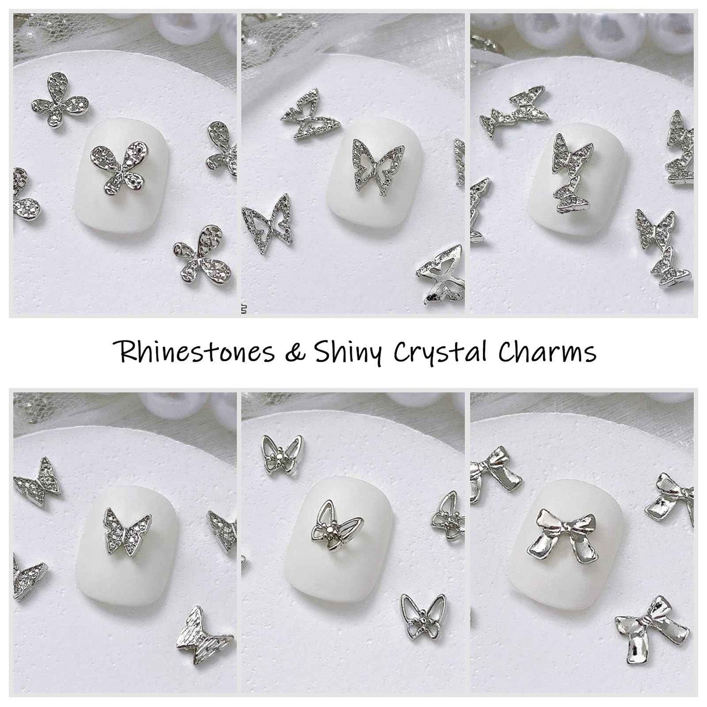WOKOTO 100 Pcs 25 Styles Silver 3D Butterfly and Bow Nail Charms Alloy Nail Gems for Nails Butterfly Bow Knots Charms for Nail Art Design Decoration Jewelry Nail Alloy Studs Jewels
