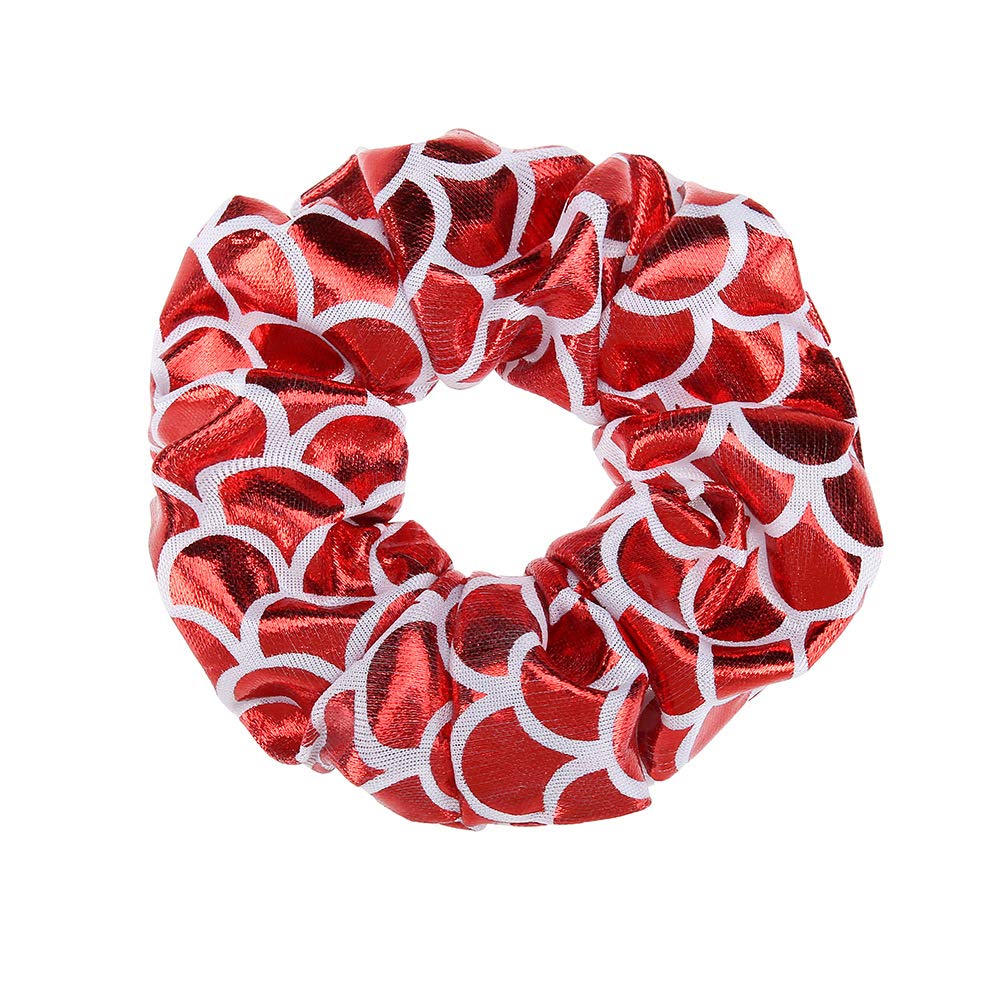 12 Pcs Shiny Mermaid Dance Cheer Hair Scrunchies For Thick Hair School Performance/Sports/Practice/Party/Gymnastics Metallic Scrunchie Ponytail Holder Wrist for Girls Cosplay Show (Red)