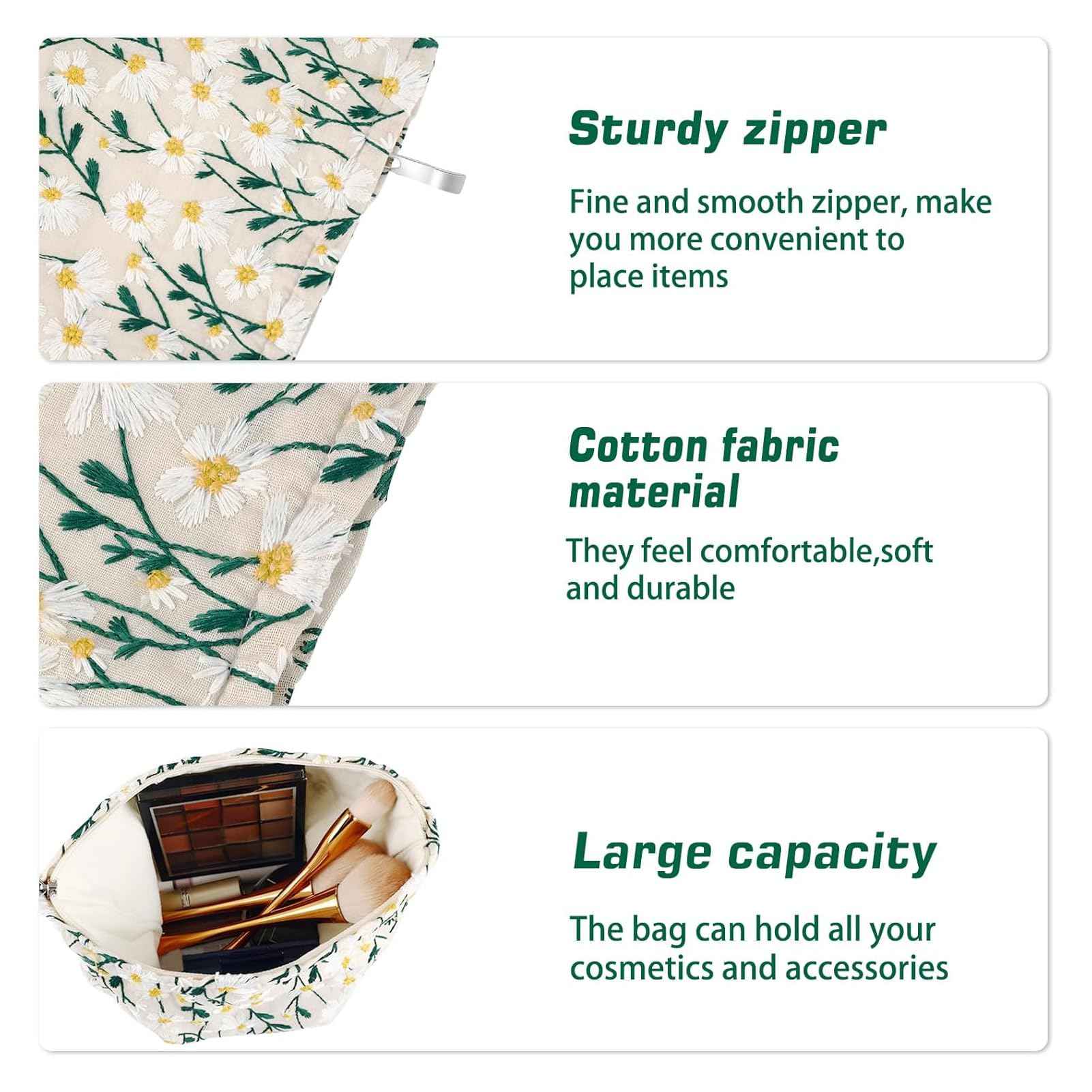 URSKYTOUS Flower Makeup Bag Travel Daisy Floral Cosmetic Bag for Women Cute Makeup Pouch Zipper Cosmetic Pouch for Purse Jacquard Aesthetic Floral Skincare Bag Portable Travel Toiletry Bag Organizer