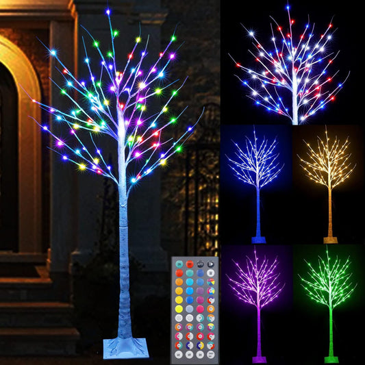 Pooqla 5 ft RGB Lighted Birch Tree, Color Changing Light Up Tree with Remote, 34 Colors Artificial Christmas Multicolor Birch Tree for Indoor Outdoor Party Yard Holiday Decor