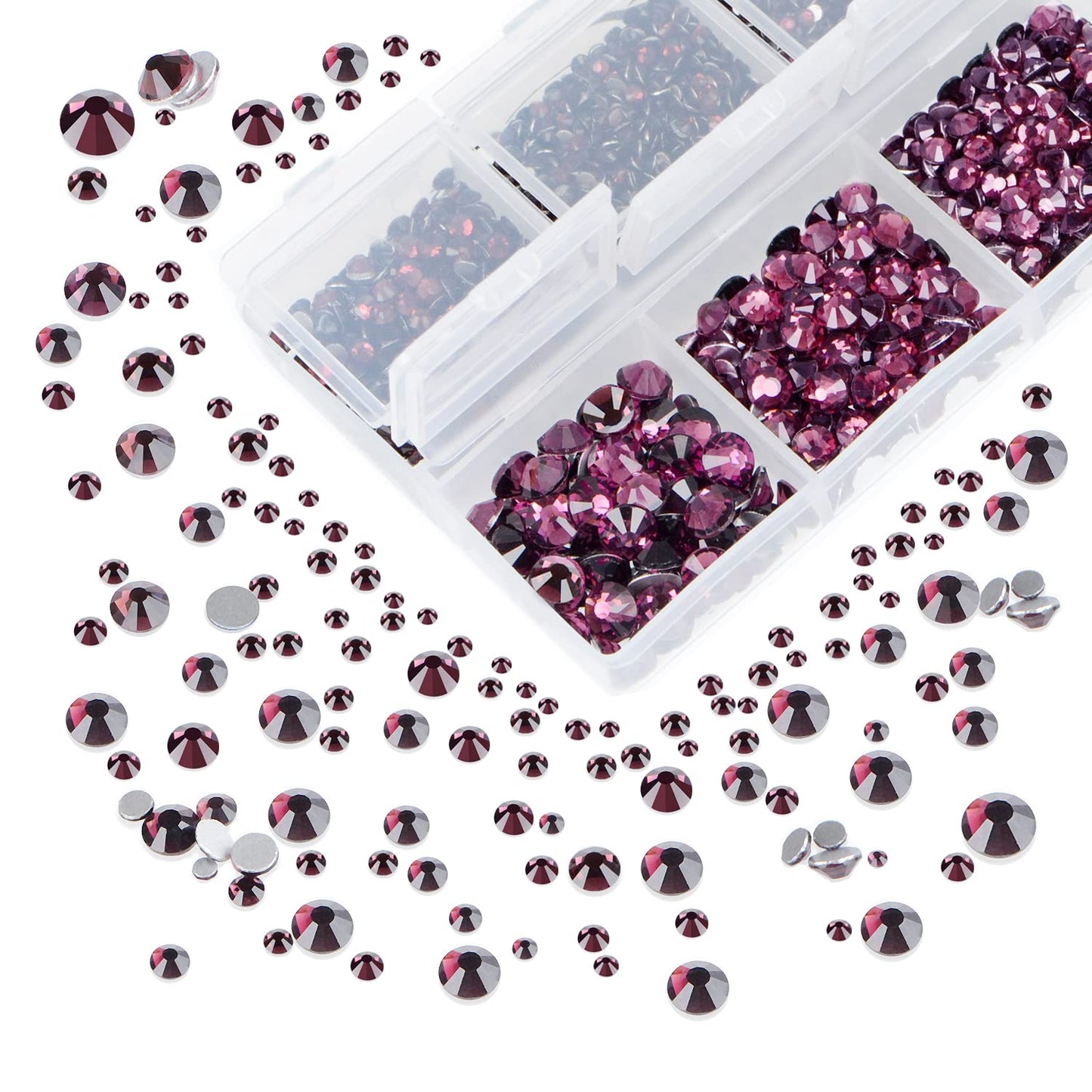 AD Beads 4300 Pieces Flat Back Nail Art Rhinestones Round Beads 6 Sizes (2-6.5mm) with Storage Organizer Box,Rhinestones Picking Pen for Nail Art Phone Decorations Crafts DIY (Amethyst)