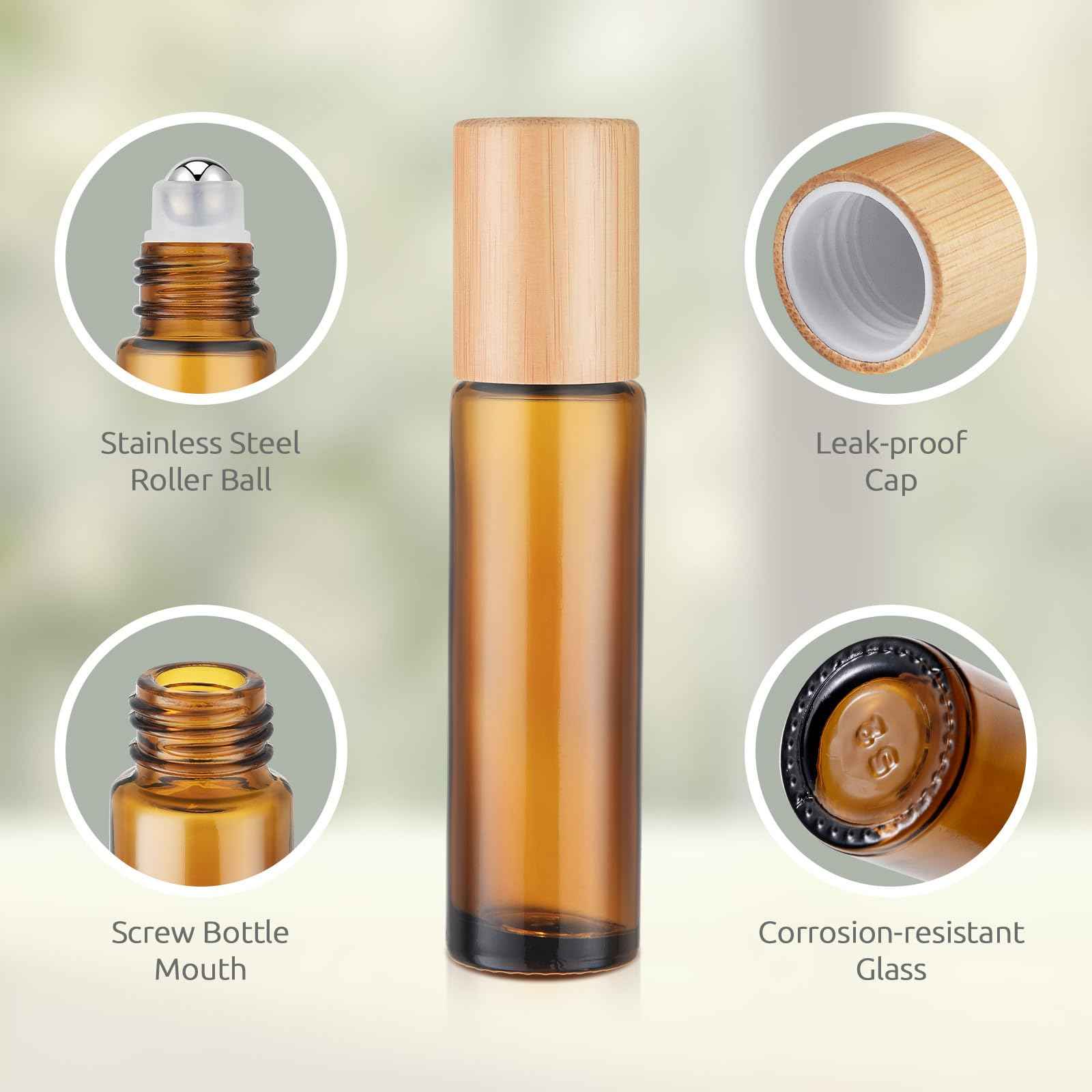 bofessor 4 Pack Essential Oil Roller Bottles, 10ml Amber Glass Rollerballs with Bamboo Plastic Caps - Empty Refillable Travel Roll-On Containers for Perfume & Essential Oils