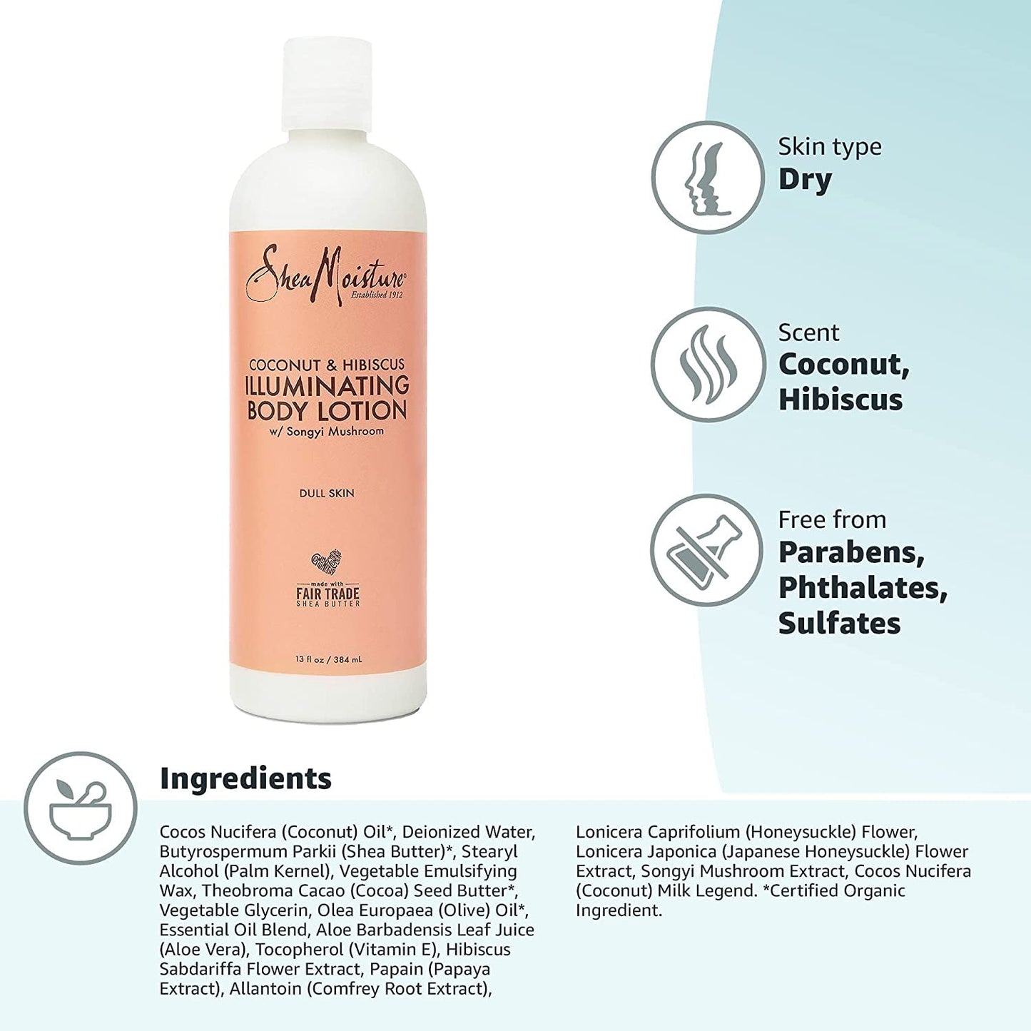 Shea Moisture Body Wash and Shea Moisture Lotion - Coconut & Hibiscus Body Wash & Coconut Lotion for Dry Skin with Songyi Mushroom, 13 Fl Oz Ea (2 Piece Set)