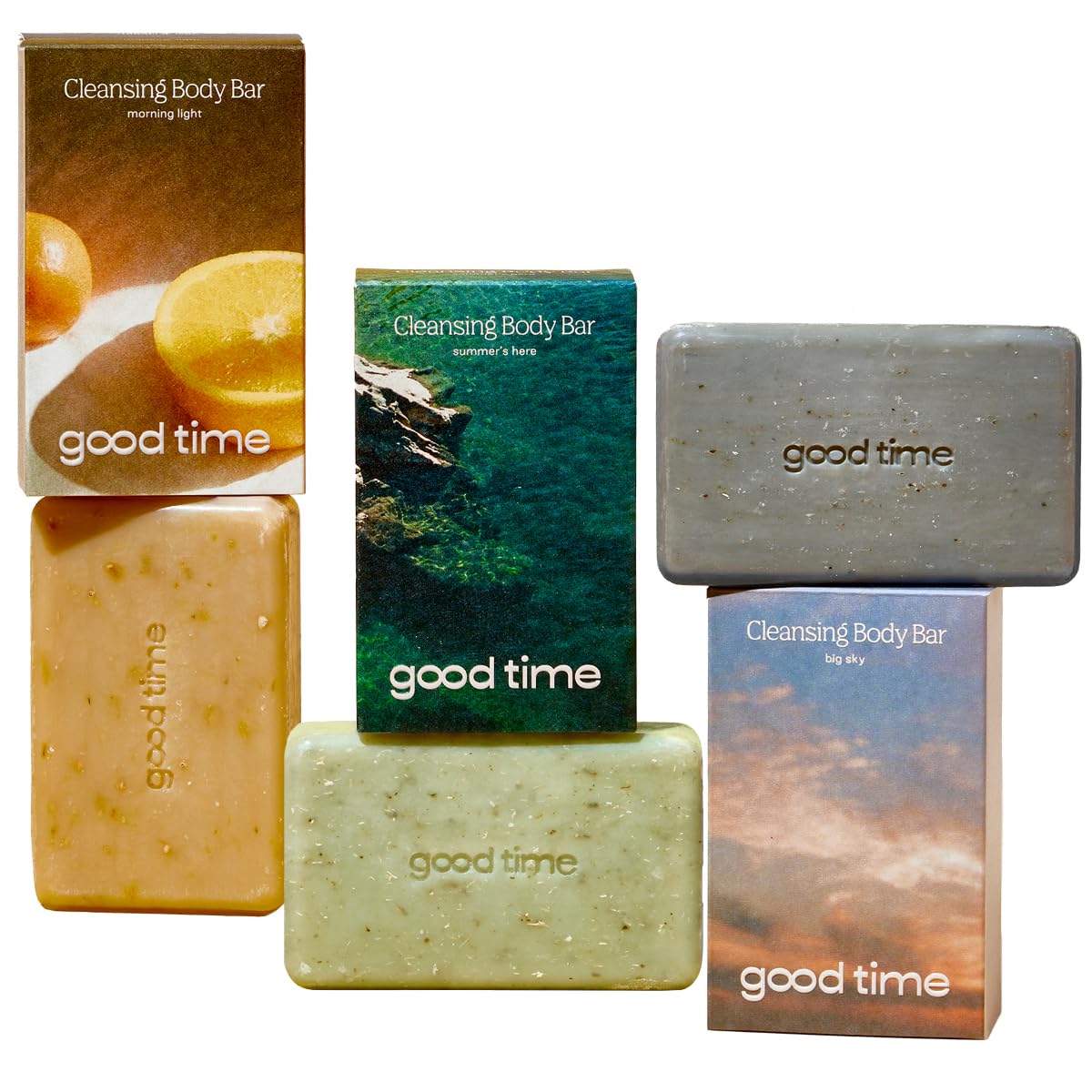 GOOD TIME Cleansing Body Bar Trio - Unisex Bar Soaps in Bergamot, Sandalwood & Mandarin - Sustainably Crafted, Plastic Free - Sulfate, Silicone, Paraben Free - Made in USA