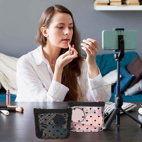 3Pcs Mini Cosmetic Bags, Heart Print Mesh Zipper Bags, Lipstick Accessories Organizer, Makeup Bag for Women, Small Purse Bag, 3 Colors
