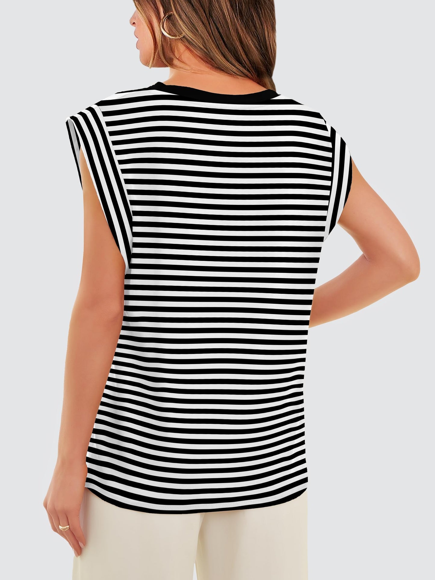 Summer Tops for Women 2024 Trendy Fashion Dressy Casual Crew Neck Cap Sleeve Cute Shirts Work Outfits Tank Tops Black and White Striped S