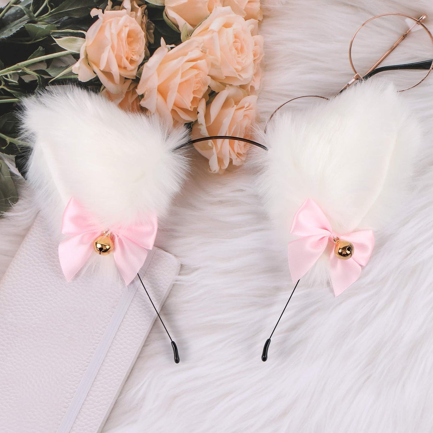 Faux Furry Anime Faux Fur Fox Ear Headband with Bells, Plush Cosplay Neko Hairband for Halloween Costume Party Fancy Dress (White-Inner White)