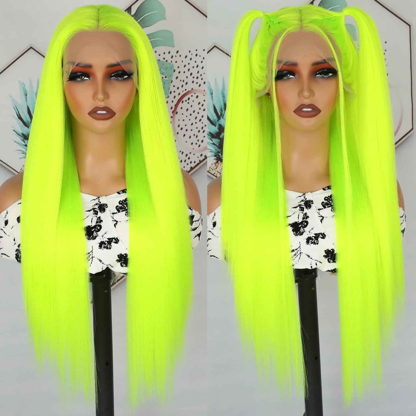 Lezaxiu Fluorescent Green Lace Front Wig Long Straight Hair Neon Green Wig Heat Resistant Fiber Hair Synthetic Lace Front Wigs for Fashion Women 24 Inch