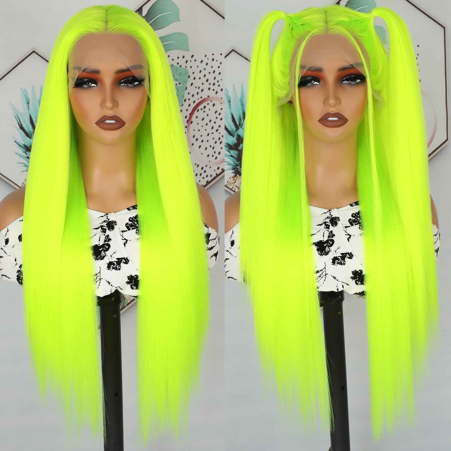 Lezaxiu Fluorescent Green Lace Front Wig Long Straight Hair Neon Green Wig Heat Resistant Fiber Hair Synthetic Lace Front Wigs for Fashion Women 24 Inch