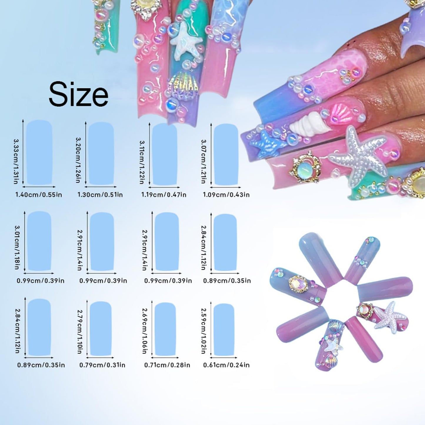 Tyuimhx Ocean Theme Press on Nails Square Long Fake Nails Summer Luxurious False Nails With 3D Starfish Seashells Rhinestones Pearls Designs Full Cover Stick on Nails Acrylic Artificial Nails 24Pcs