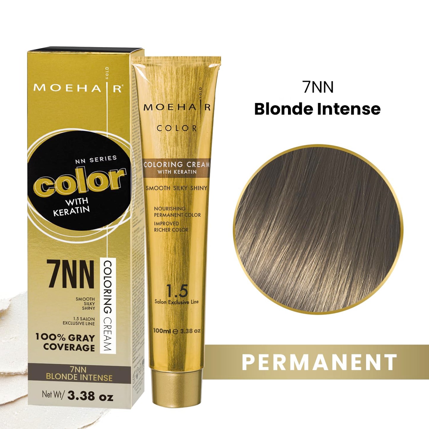 MOEHAIR 7NN Permanent Hair Color (Blonde Intense) | Hair Color for 100% Gray Coverage | Infused with Keratin | Adds Shines & Smoothens Hair | Non-Drippy | Double Pigmented (3.38 Fl. Oz)