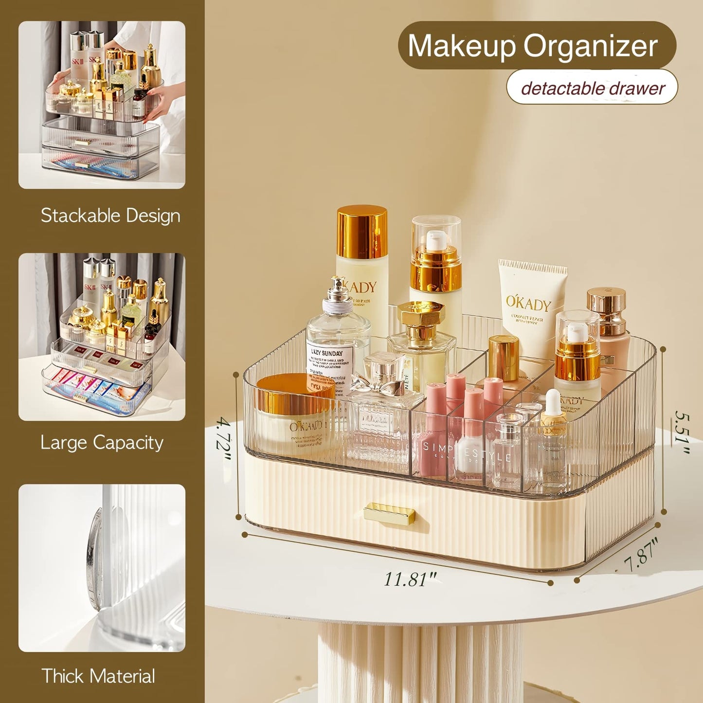 Clear Makeup Organizer With Stackable Drawer, Cosmetic Storage Display Case for Vanity, Bathroom Countertop or Dresser,Counter top Holder for Lipstick, Brushes, Lotions, Eyeshadow, Nail Polish