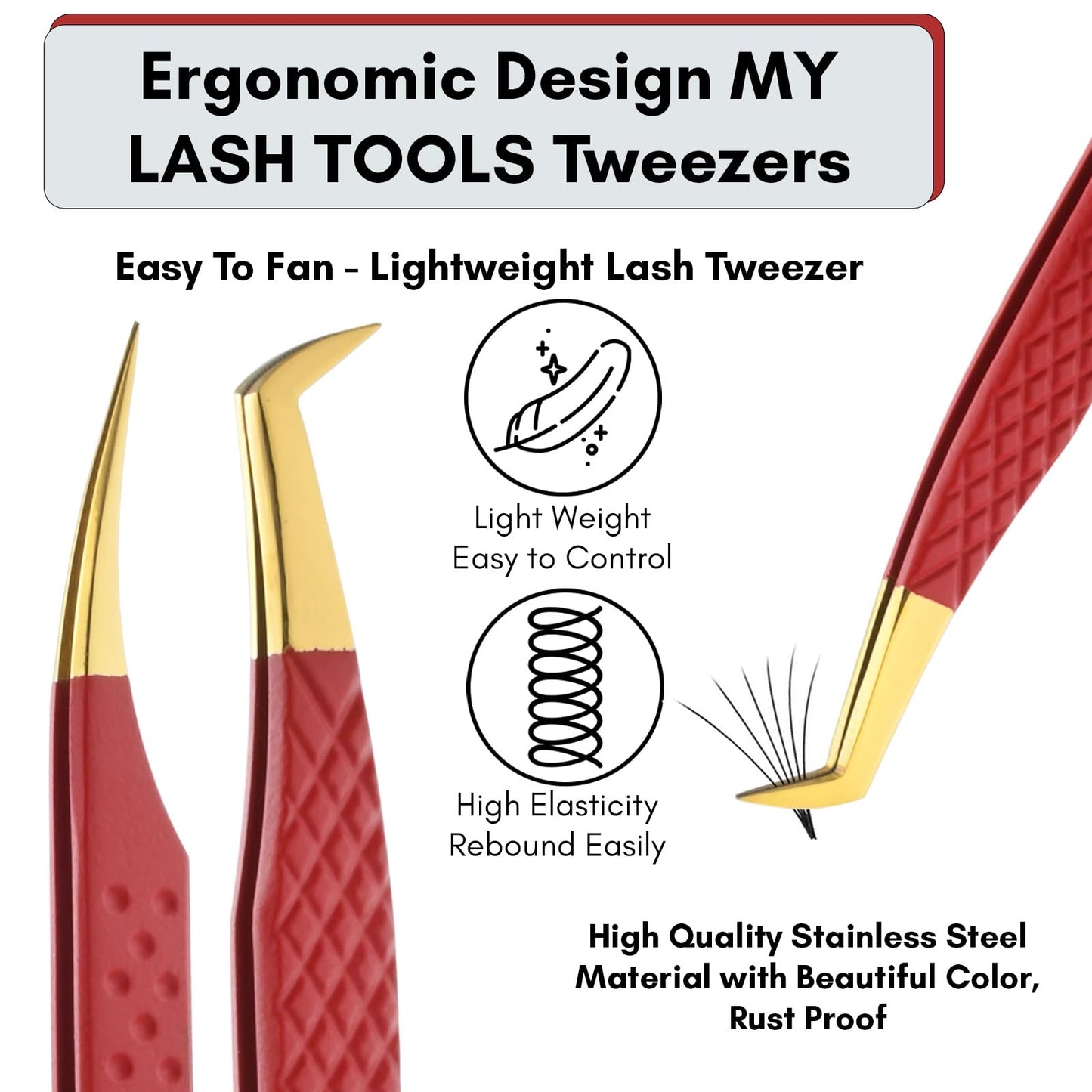 Fiber Tip Lash Tweezers Set for Eyelash Extensions Volume Tweezer and Dolphin-shaped Isolation Tweezer | 2 Pcs Stainless Steel Lash Extension Tweezers (Matte Red Gold Tip)