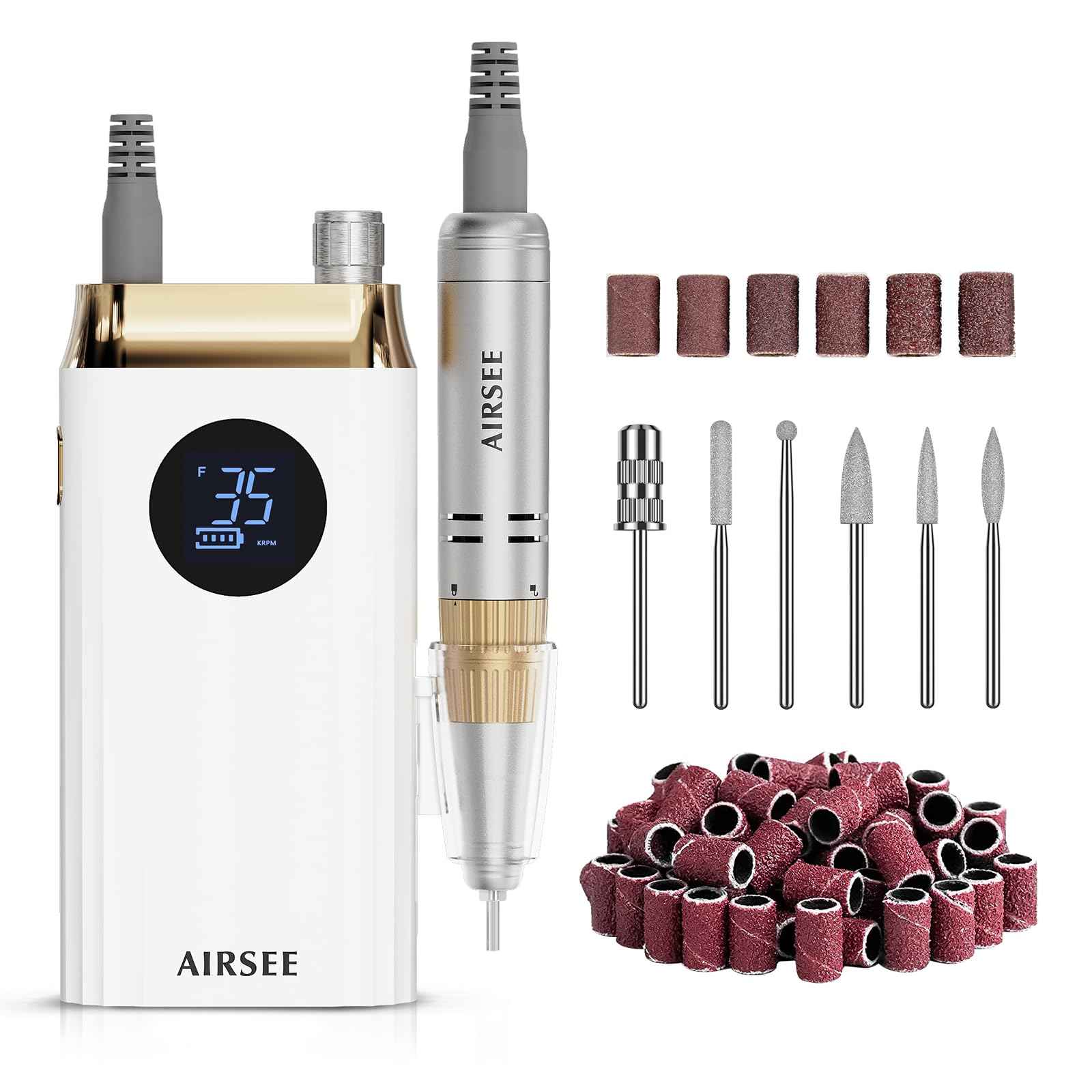 AIRSEE Professional Portable Nail Drill 35000RPM,Rechargeable Cordless Nail Drill for Manicure Salon Home, Eletric Nali E File for Acrylic Nails Gel Polishing Removing, EW4 White