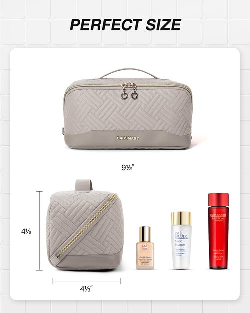 BAGSMART Makeup Bag Cosmetic Bag, Travel Makeup Bag,Water-resistent Makeup Bags for Women Portable Pouch Open Flat Make Up Organizer Case for Toiletries, Brushes, Tranquil Gray