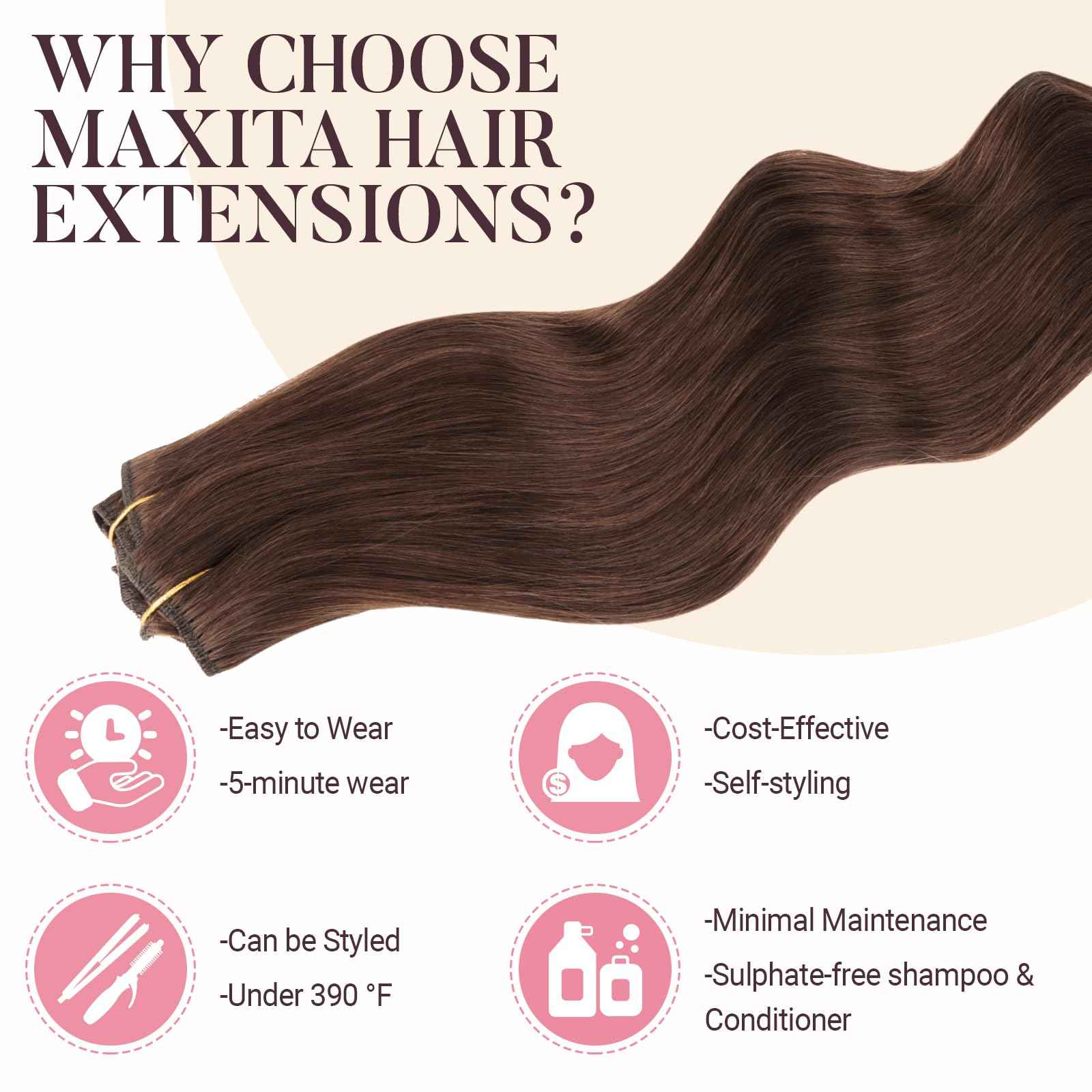 MAXITA Human Hair Clip in Extensions, Chocolate Brown 16 Inch 5pcs 75g, Remy Clip in Hair Extensions Real Human Hair Extensions Natural Straight Hair Extensions for Woman