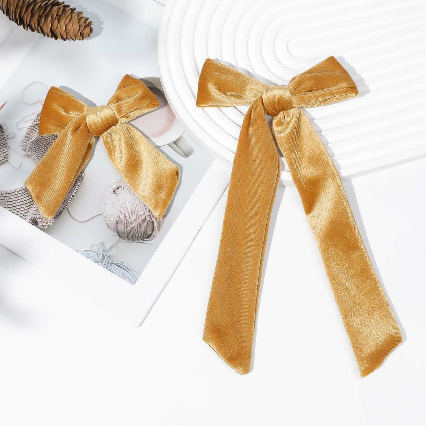 Velvet Hair Bows in 2 Sizes - 5" & 3.5" Soft Ponytail Knot Bows with Alligator Clips for Toddlers and Little Girls - Gold Hair Accessories