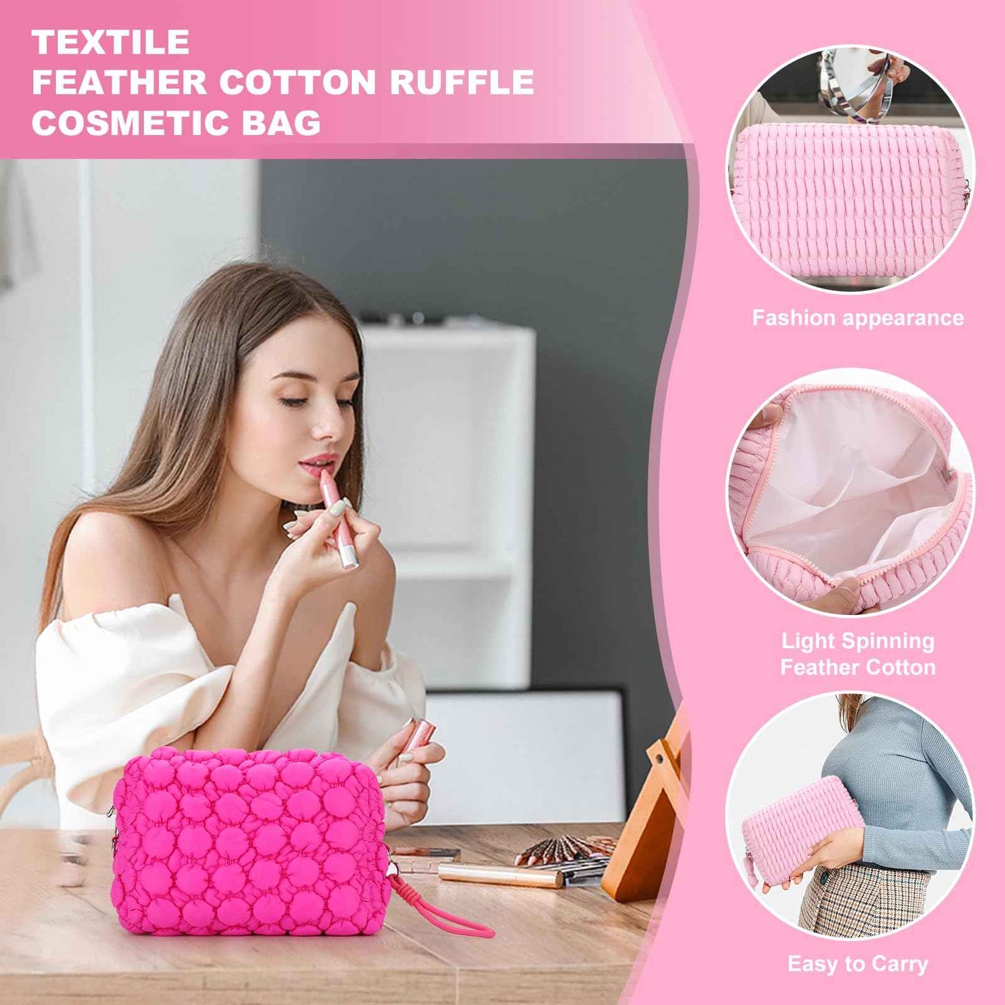 ZORVIC Quilted Ruffle Makeup Bag, Travel Toiletry Organizer for Women with Wrist Strap, Cute Aesthetic Cosmetic Bag for Daily, Work, Ideal Gift (HOT PINK)