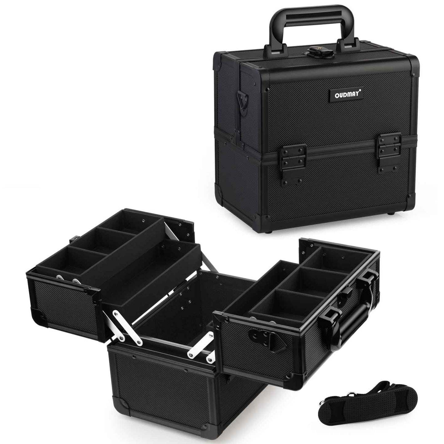 Makeup Case - Professional Portable Aluminum Cosmetics Storage Box With Locks and 2-Deck Folding Trays Black Diamond