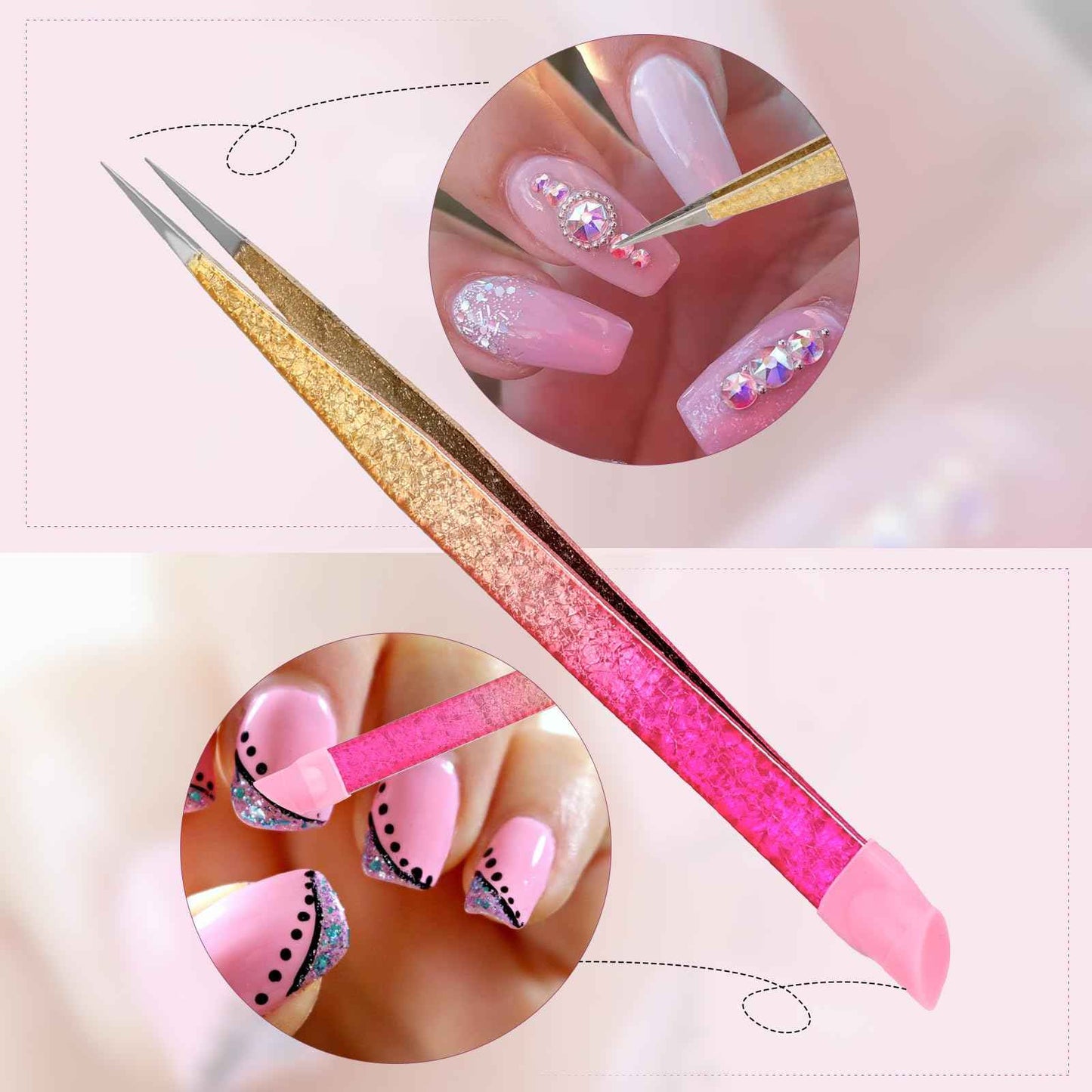 Double Ended Nail Art TweezersCurved,2Pcs Tweezers, Eyelash Tweezers, Straight Fine Tip Tweezers for Women with Silicone Pressing Tips, Suitable for Nail Art, Hair Removal, Jewelry