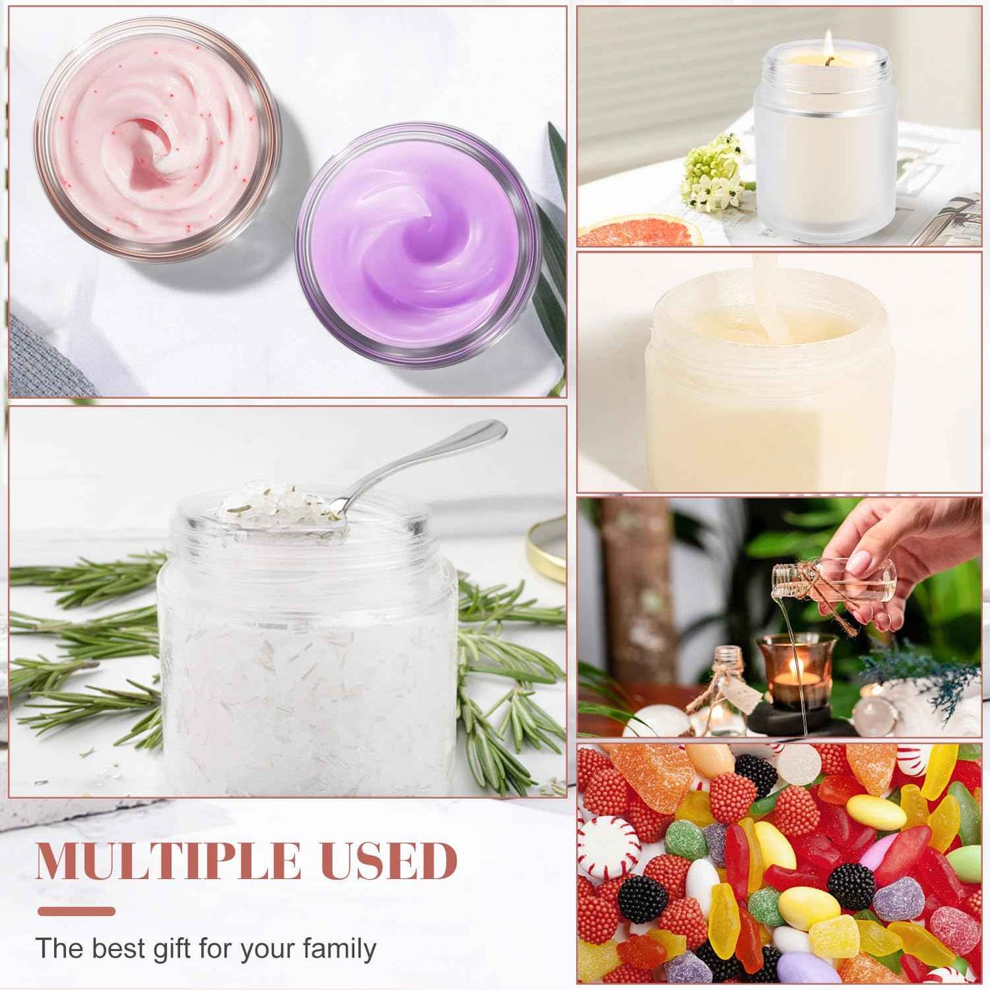 Furnido 6 Pack 8 oz Frosted White Round Glass Jars,Empty Glass Cosmetic Jars with Rose-Golden Lids,Inner Liners for Lotion,Powders,Ointments,Body Butter,Candle Making