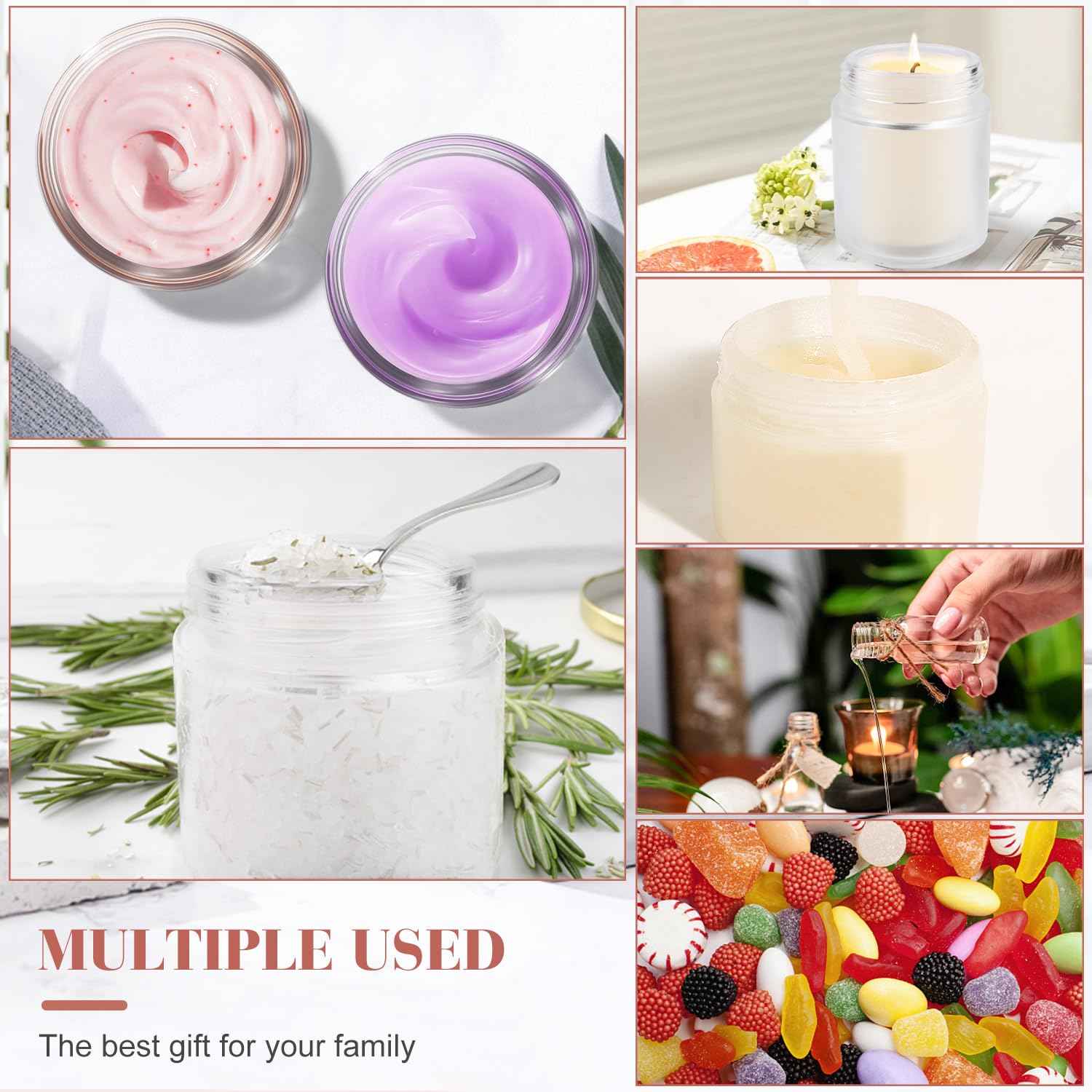 Furnido 6 Pack 8 oz Frosted White Round Glass Jars,Empty Glass Cosmetic Jars with Rose-Golden Lids,Inner Liners for Lotion,Powders,Ointments,Body Butter,Candle Making