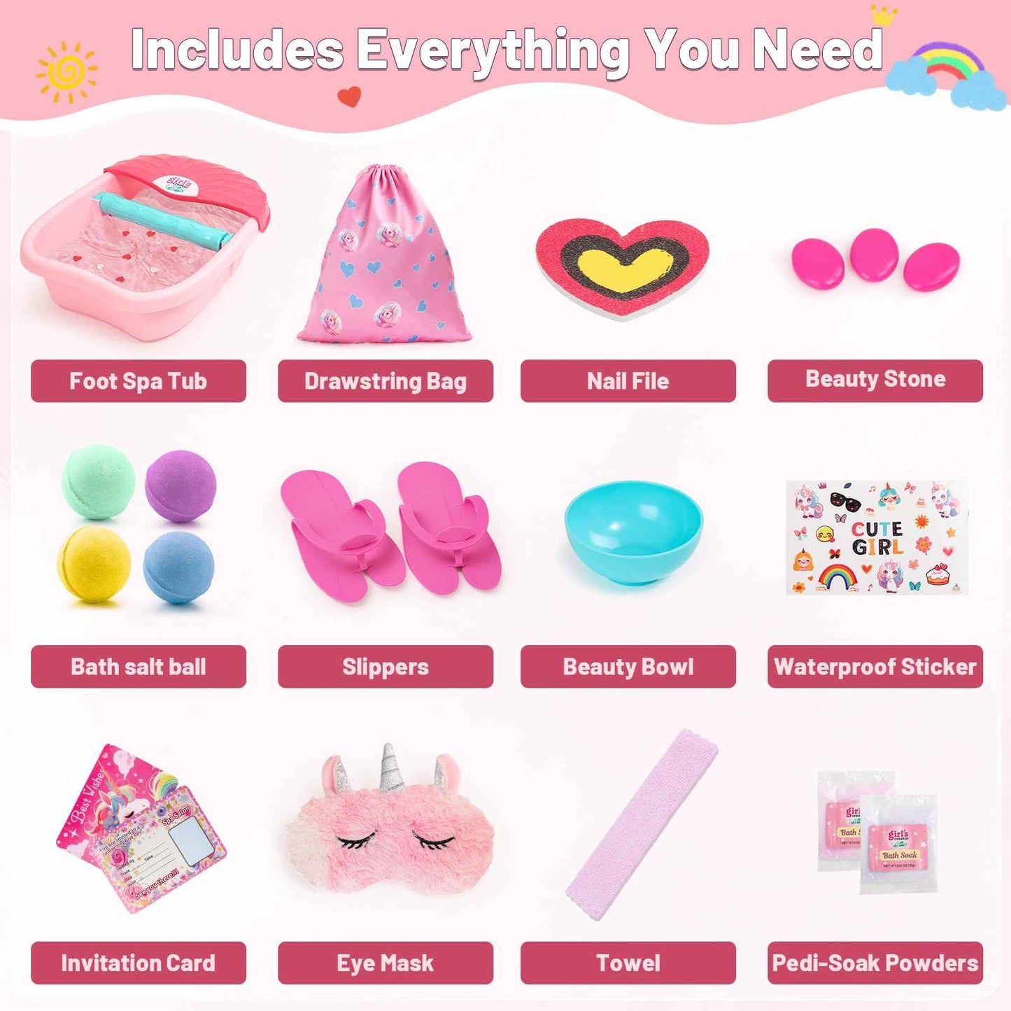 Kids Foot Spa Kit with Pedicure Set for Girls 3-8, All-in-1 Kids Spa Day Kit with Bubble Soak & Massage, Sleepover Party Birthday Gifts