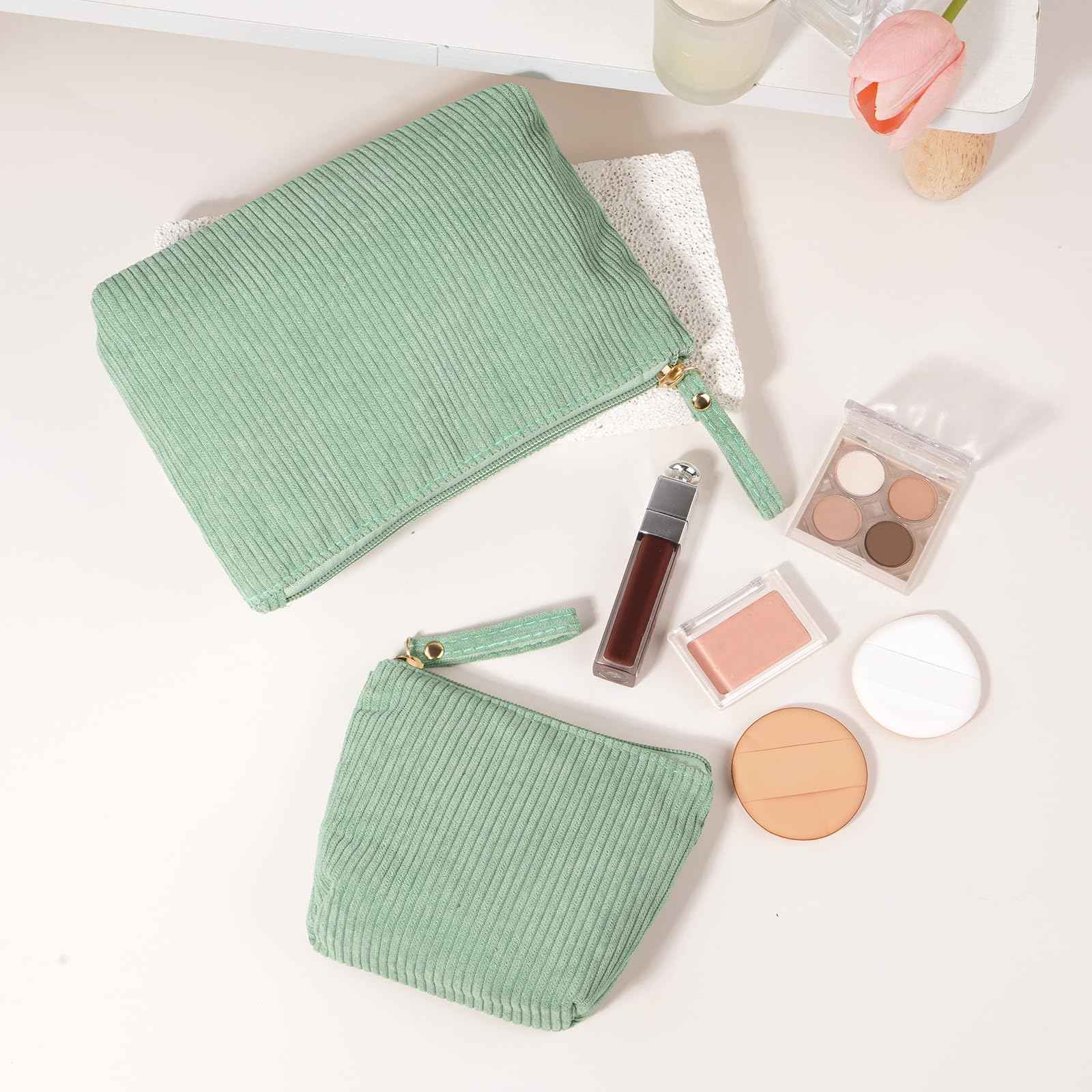 MAGEFY 2Pcs Makeup Bag Set, Cute Makeup Pouch for Purse Corduroy Travel Cosmetic Pouch for Women with Slip-in Pockets for Purse Essentials Accessories(Green,Mini+Small)