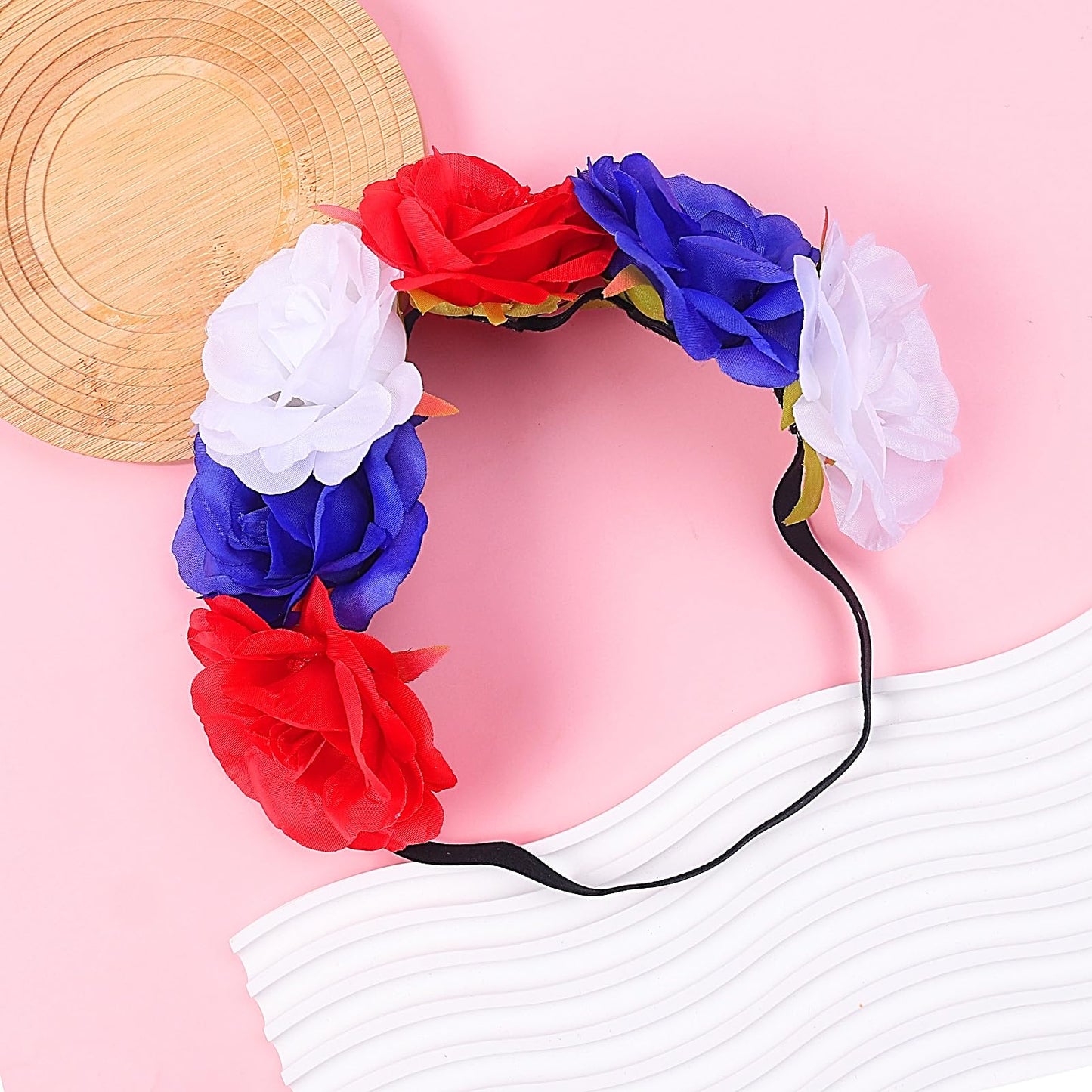 SeBneny Flower Headband Red Blue White Elastic Ribbon 4th of July Hairband for Women Rose patriotic headband National Memorial Day para niña Hair Hoop Floral Crown for Party Supplies 1PCS