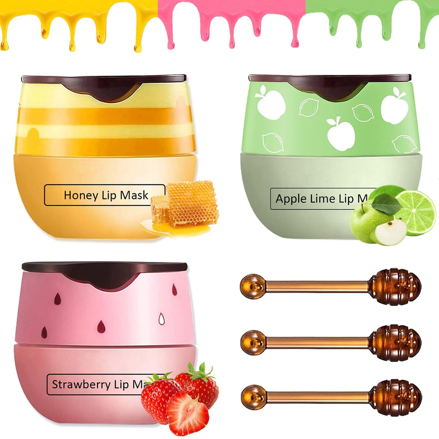 3 Pcs Bee Lip Balm Honey Pot,Strawberry&Honey&Apple Lime Lip Sleeping Mask Hydrating Prevention Dry and Cracked Lip Scrubs Exfoliator Lip Care,Lip Mask Overnight Reduces Lip Lines