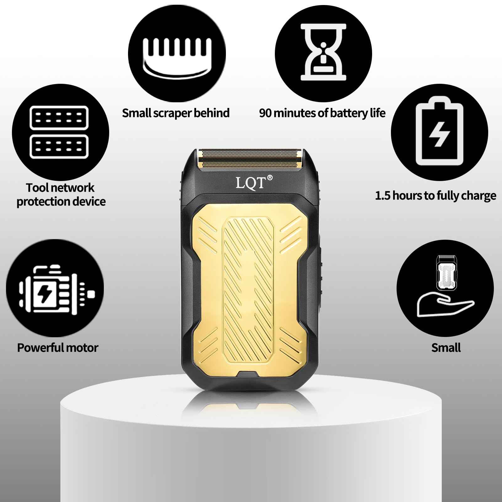 LQTⓇ Mini Foil Shaver, Portable Cordless Electric Shaver for Men, Equipped with a Set of Replacement Heads, USB-C Charging Cable, and Cleaning Brush, Suitable for Travel and Home use. (Golden)