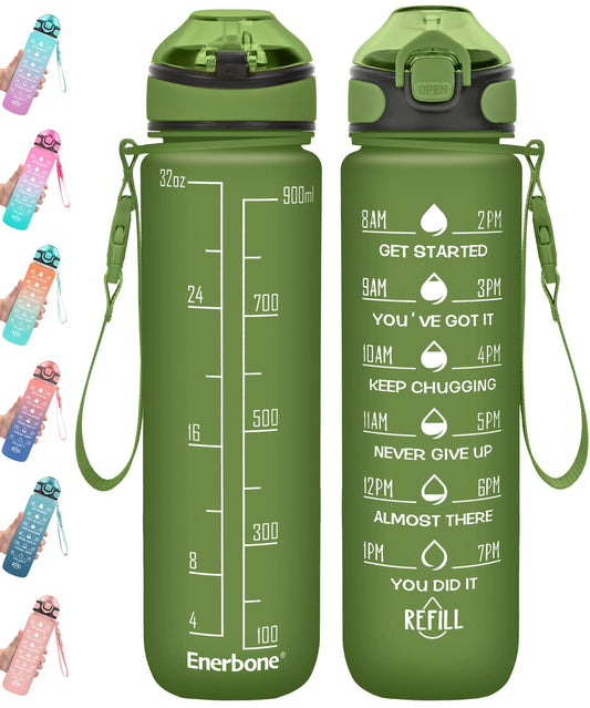 Enerbone 32 oz Drinking Water Bottle with Times to Drink and Straw, Motivational with Carrying Strap, Leakproof BPA & Toxic Free, Ensure You Drink Enough Water for Fitness Gym Outdoor