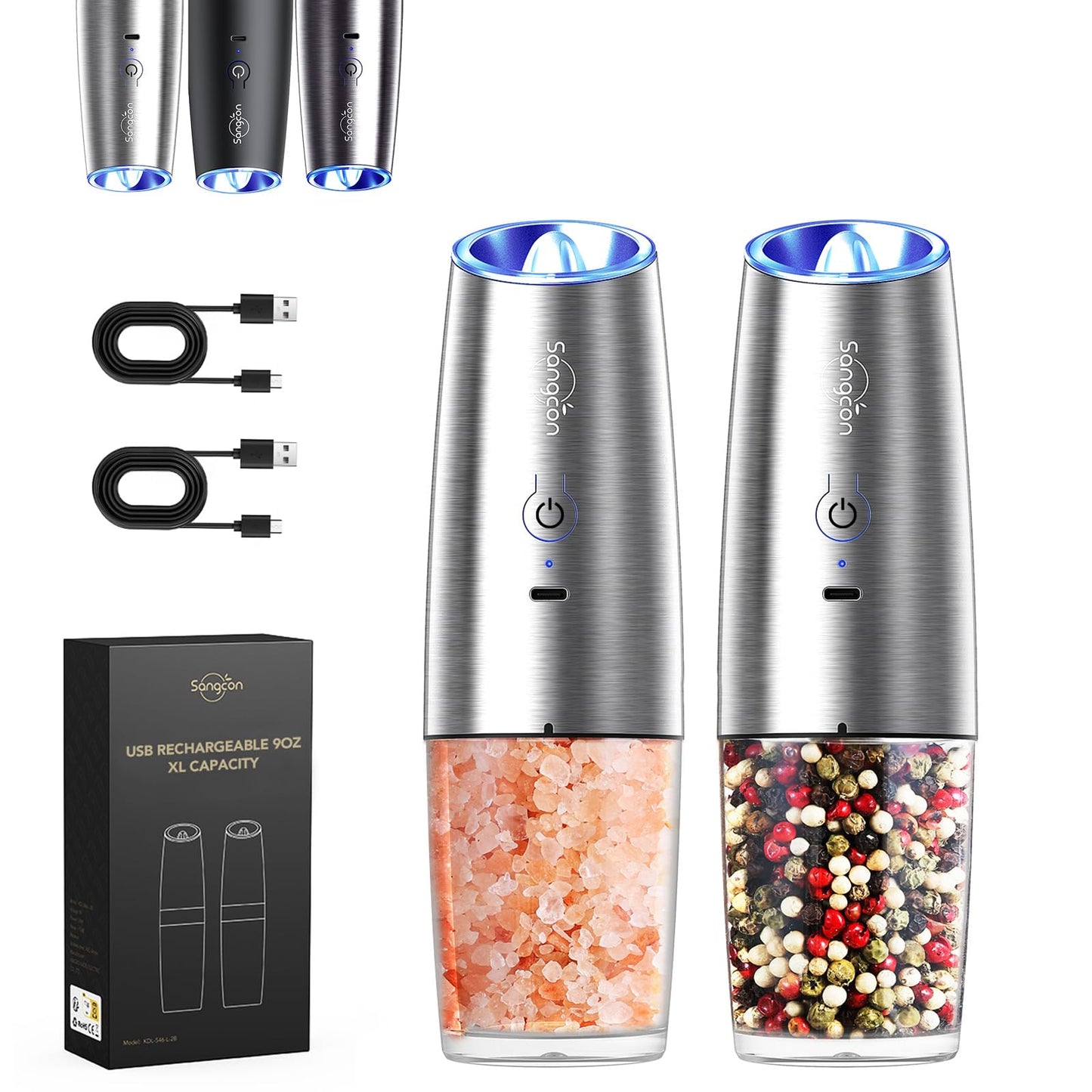 Sangcon Gravity Electric Salt and Pepper Grinder Set RECHARGEABLE Automatic Salt Pepper Shakers USB-C No Battery Needed - LED Light One Hand Operation, Adjustable Coarseness Pepper Mill Set