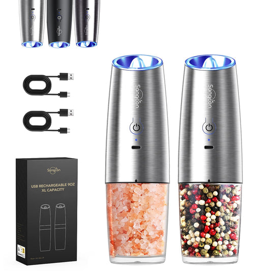 Sangcon Gravity Electric Salt and Pepper Grinder Set RECHARGEABLE Automatic Salt Pepper Shakers USB-C No Battery Needed - LED Light One Hand Operation, Adjustable Coarseness Pepper Mill Set