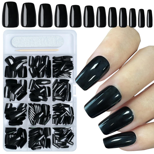 AddFavor 300pcs Coffin Press on Nails Medium Fake Nails Glossy Black Nails Ballerina Square Nail Press on Acrylic False Nail for Women Girls