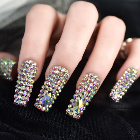 Handmade 3D Diamond Press on Nails, EchiQ Holo Rhinestone Art Deco False Nails Acrylic Shiny Full Cover Crystal Gems Long Square Gorgeous Party Show Fake Nails kit with Jelly Glue Pad