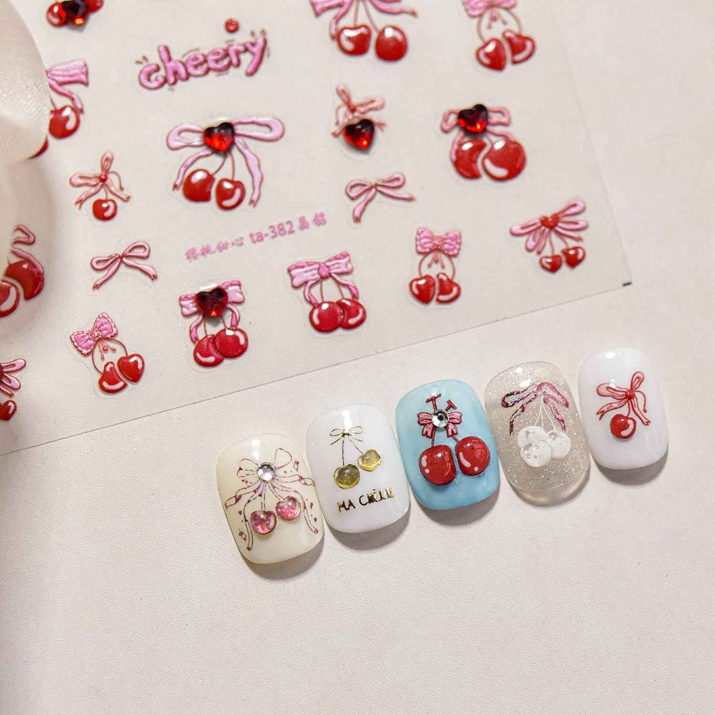 UEYRSEDB Red Cherry Nail Stickers Pink Bow Nail Art Stickers Self-Adhesive Heart Rhinestone Charms Nails Decals Cute Summer Red Cherry Nails Design Summer Pink Bow Supplies for Women Manicure DIY