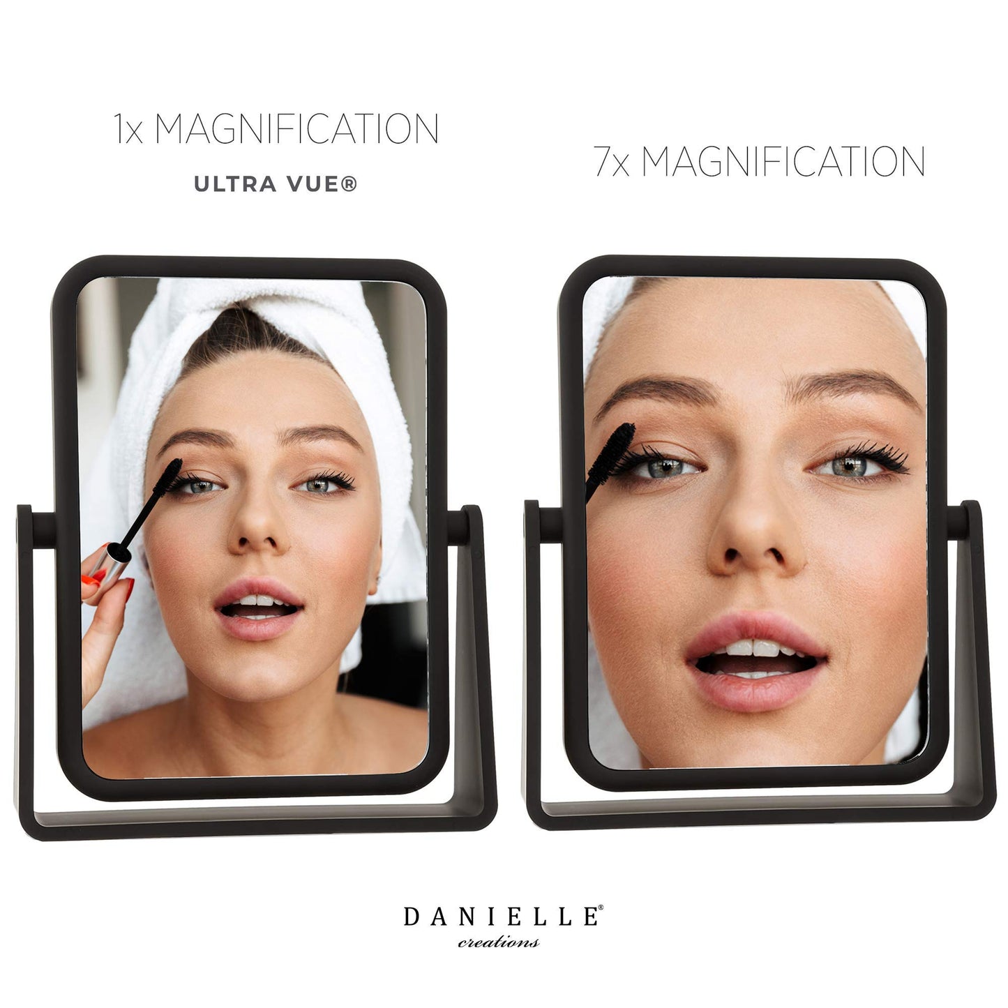 Danielle Creations 6.75-Inch Magnifying Vanity Makeup Mirror Rectangular Soft Touch Finish with 7X Magnification and 360 Swivel, Black