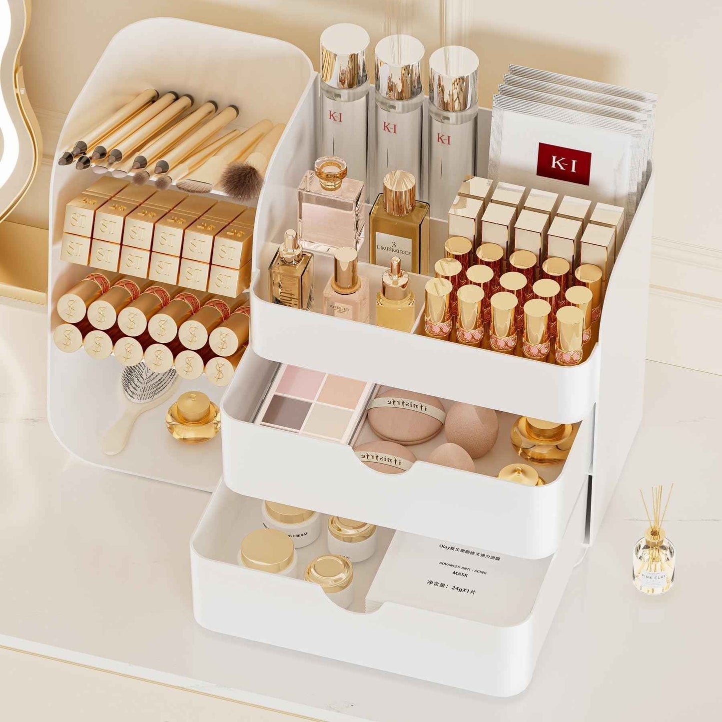 Makeup Organizer with Brush Holder for Vanity,Countertop Makeup Organizer with Drawers,Spacious Cosmetic Display Case,Perfect Storage Solution for Your Beauty Essential (All White, Large)