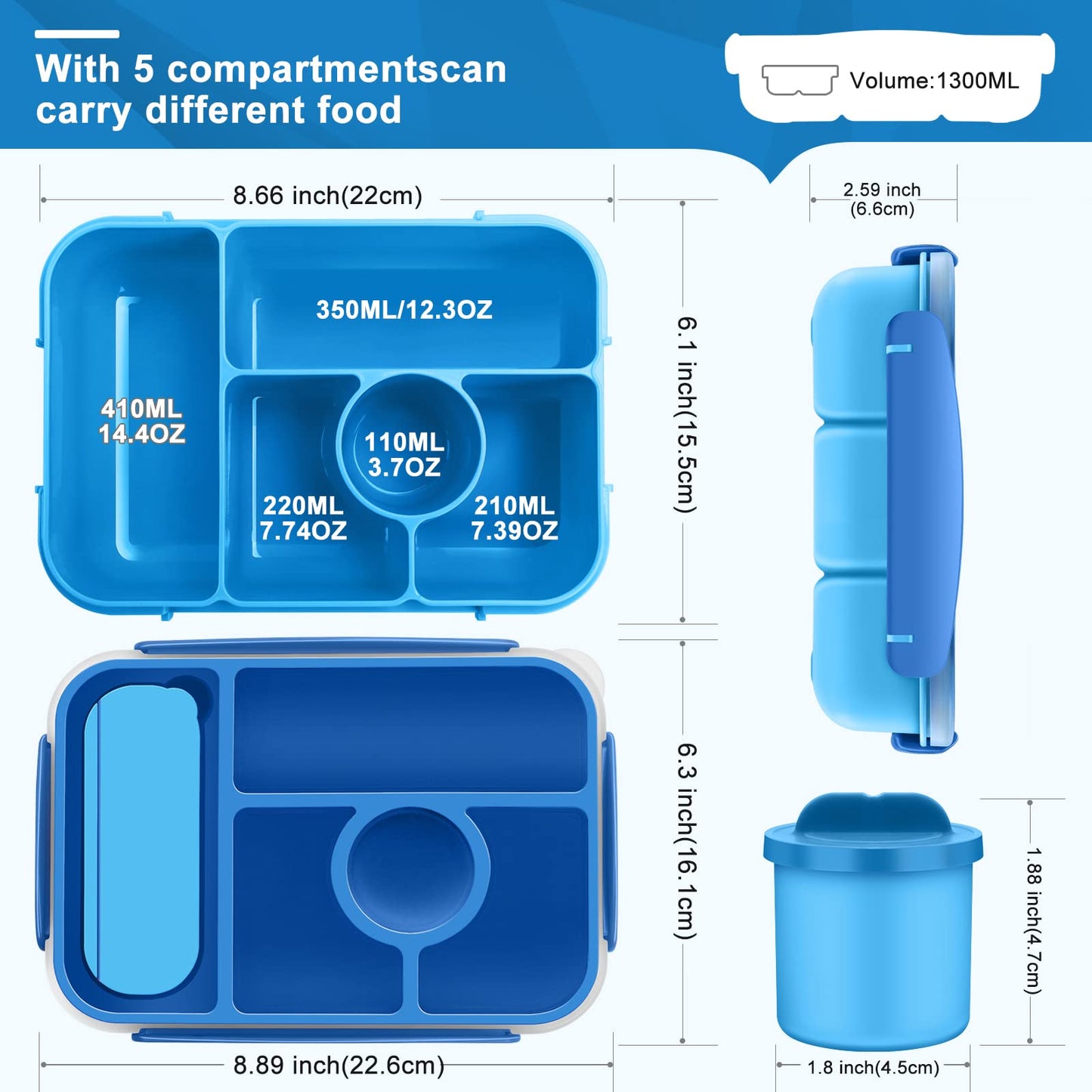 Demiue Lunch Box, Bento Box, Lunch Containers for Adults/Kids/Toddler,5 Compartments Bento Lunch Box with Sauce Vontainers,Microwave & Dishwasher & Freezer Safe,BPA Free(Blue)