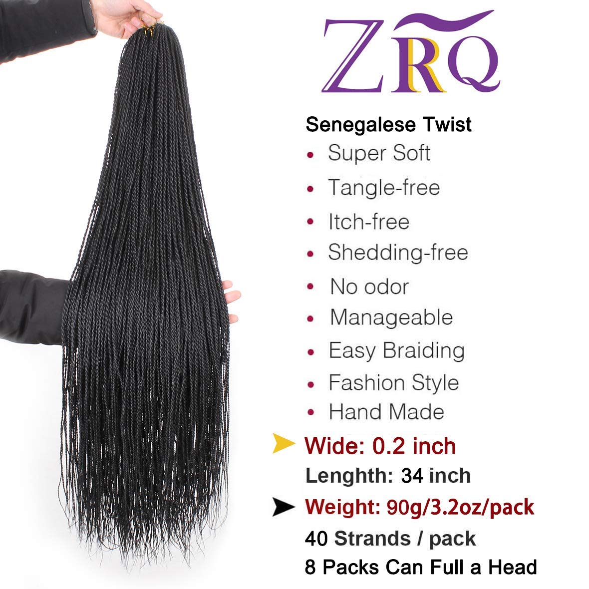 ZRQ 34 Inch 8 Packs Crochet Senegalese Twist Braids Hair Small Senegalese Twist Crochet Hair Micro Long Mambo Twist Crochet Braids For Black Women 40Strands/Pack(34"8packs,1b#)