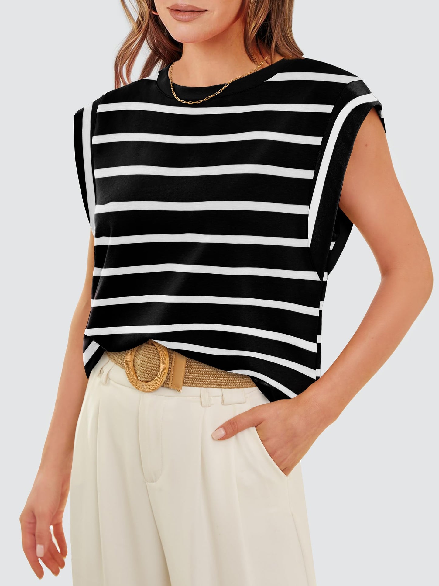 Black and White Striped Shirt Women's T Shirts Cap Sleeve High Neck Tops Trendy Spring Summer Top Dressy Casual Outfits Old Money Clothes 2024 S