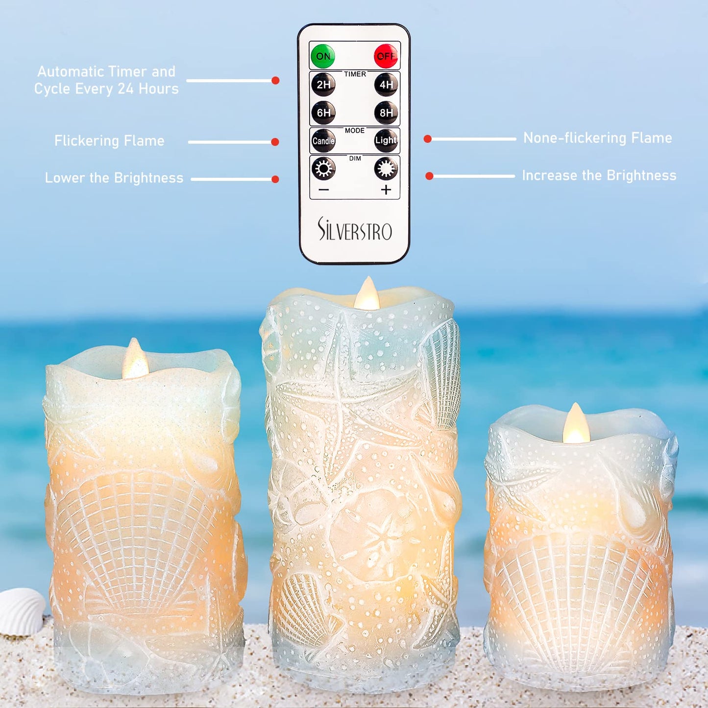 Silverstro Ocean Flameless Candles Remote Carved Seashell Real Wax Flicker Battery Operated Candles for Home Party Wedding Nautical Thanksgiving Christmas Decor - Set of 3(Blue)