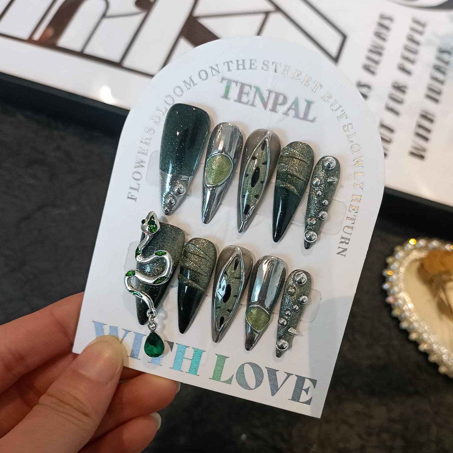 TENPAL Long Stiletto Press on Nails,Gothic Punk Green Cat Eye Nails Glow & 3D Snake with Gem,Black Silver Metallic Fake Nails Kits,10pcs Soft Gel False Nails with Steel Bead for Party Gifts(S)
