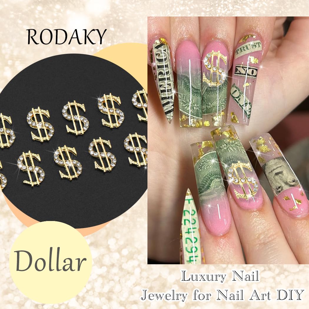 RODAKY 10PCS Gold Dollars Nail Charms 3D Alloy Money Sign Charms Shiny Nail Jewelry Luxury Nail Gems Rhinestone for Acrylic Nails Manicure DIY Decoration Accessories for Women and Girls