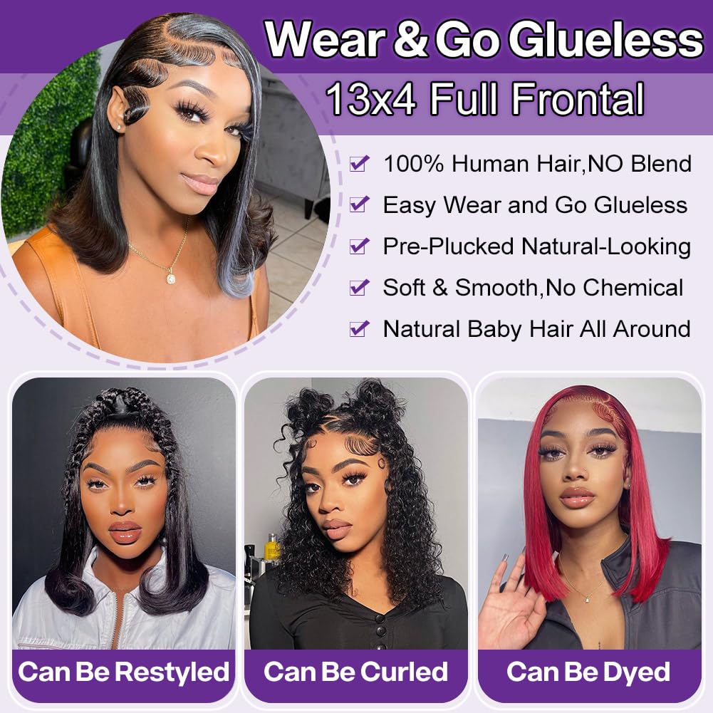 HIRIREMY Lace Front Bob Wigs Human Hair 13x4 HD Lace Glueless Bob Wig Human Hair Short Straight Frontal Bob Wigs for Black Women Human Hair Pre Plucked with Baby Hair Side Part 180% Density 14 Inch